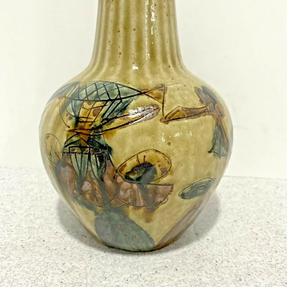 Vintage Mid Century Art Pottery Vase Drip Glaze Incised Brutalist Okinawa Japan